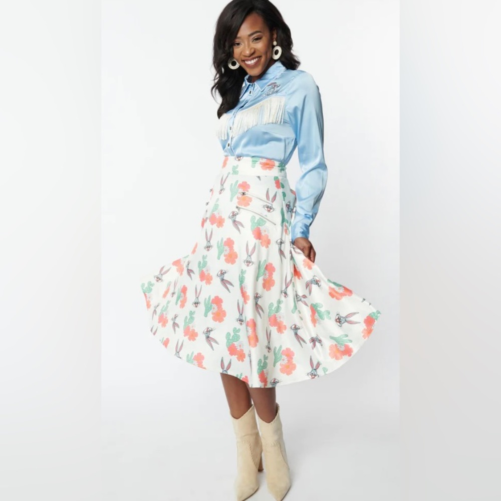 NWT Looney Tunes x Unique Vintage Bugs Bunny & Cactus Florals Swing Skirt
